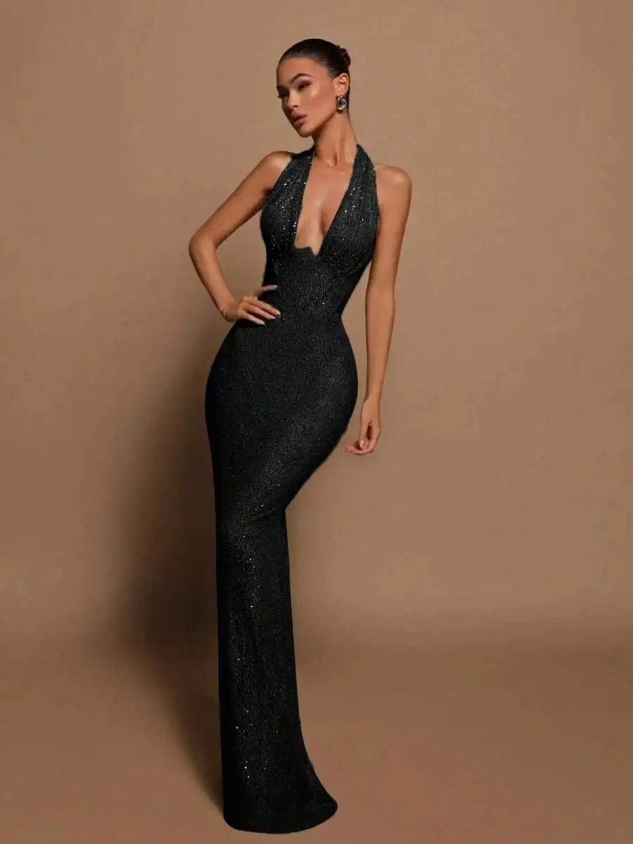 Elegant Halter Deep V Neck Sequin Maxi Dress for Evening Parties