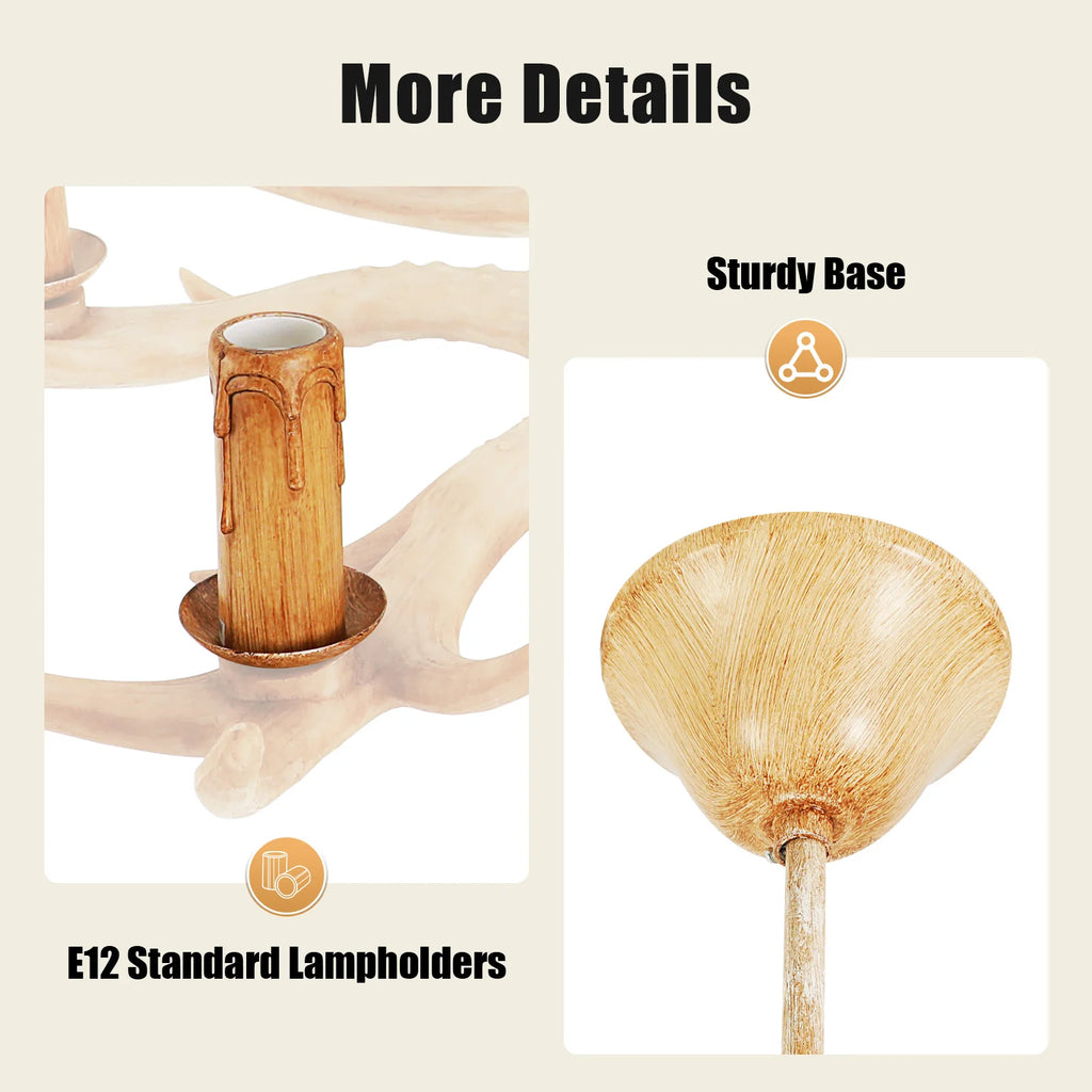Resin Antler Chandelier with 6 Lights, 75cm Diameter for Rustic and Lodge Style Interior Lighting