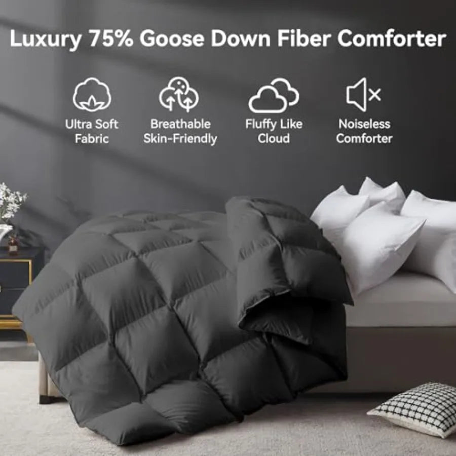 King Size Goose Down Fiber Comforter 750+ Fill Power Hotel Style Bedding 1200TC Fluffy Ultra Soft All Season Gray Duvet Insert