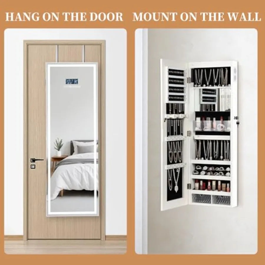 LED Mirror Jewelry Cabinet with Bluetooth Speaker Wall/Door Mounted Jewelry Organizer Armoire Full Length Lighted Mirror with J