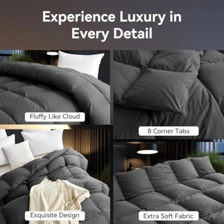 King Size Goose Down Fiber Comforter 750+ Fill Power Hotel Style Bedding 1200TC Fluffy Ultra Soft All Season Gray Duvet Insert