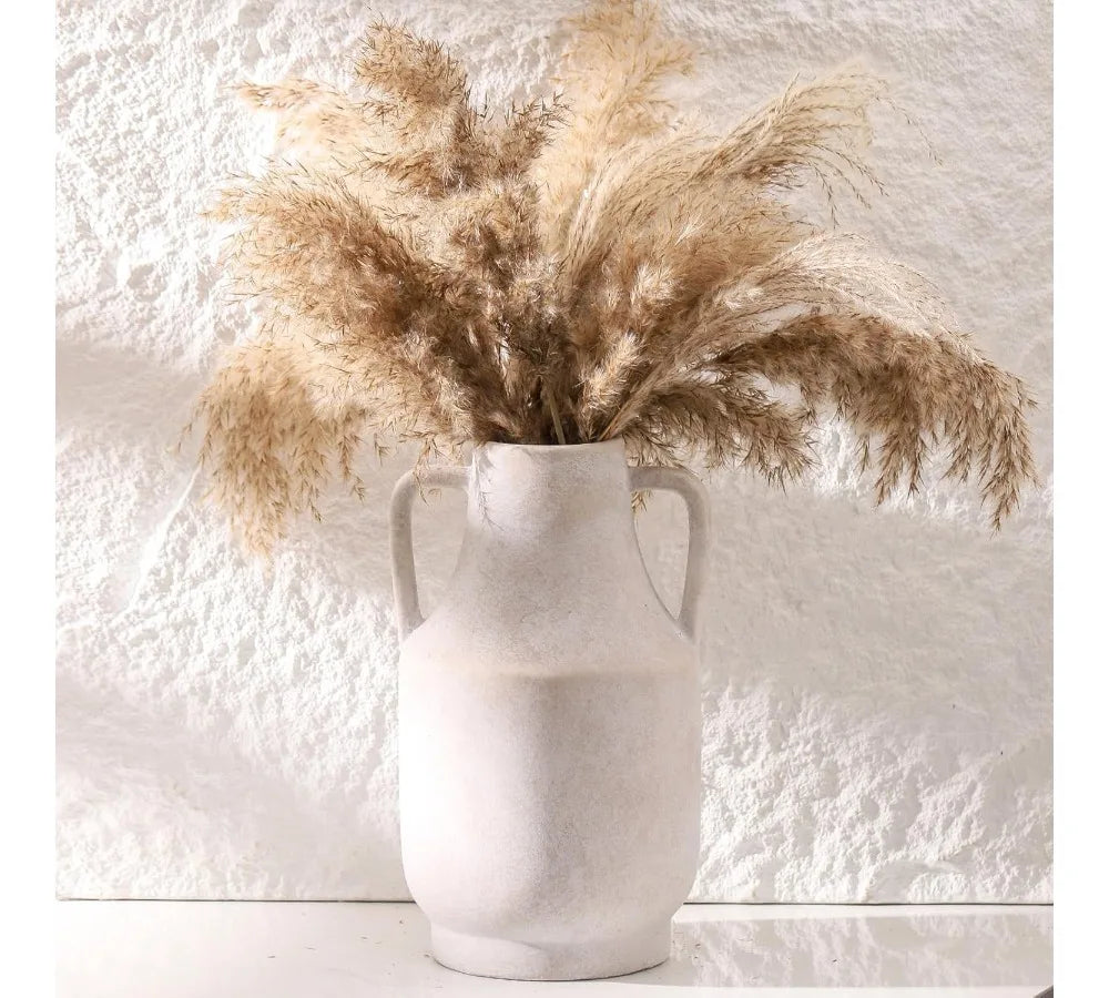 11 Inch Tall Off-White Ceramic Flower Vase with Handles, Large Farmhouse Rustic Pottery Vase for Home Decor Living Room Table