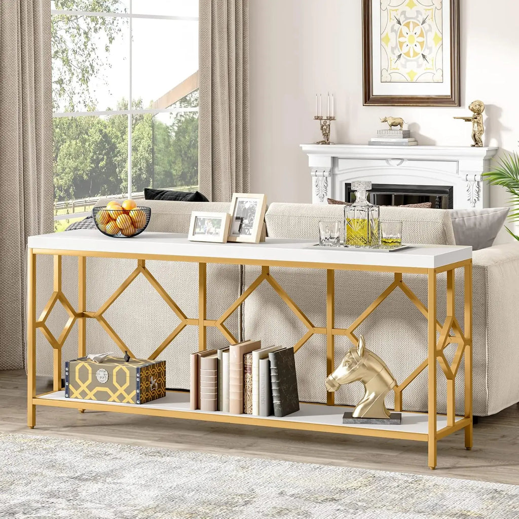 71 Inch Extra Long Sofa Table, Narrow Long Sofa Console Tables Behind Couch Table with Open Storage Shelf
