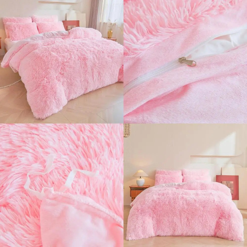 Luxurious Pink Faux Fur Duvet Set with 2 Pillowcases, King Size, Zippered Closure