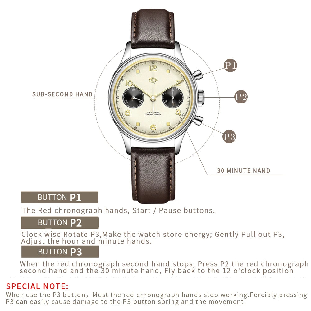 SEAKOSS Mechanical Watches for Men Pilot Chronograph 38mm Original 1963 st1901 Movement Hand Windin Sapphire Retro Men's Watches