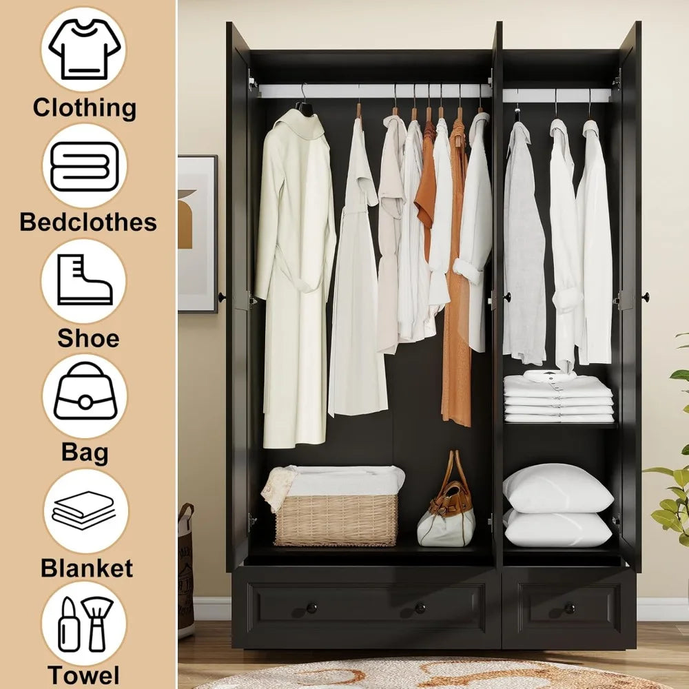Wardrobe Closet with Drawers: 74" Black Tall Wooden Wardrobe Closet for Hanging Clothes, Large Bedroom Armoires with 2 Drawers