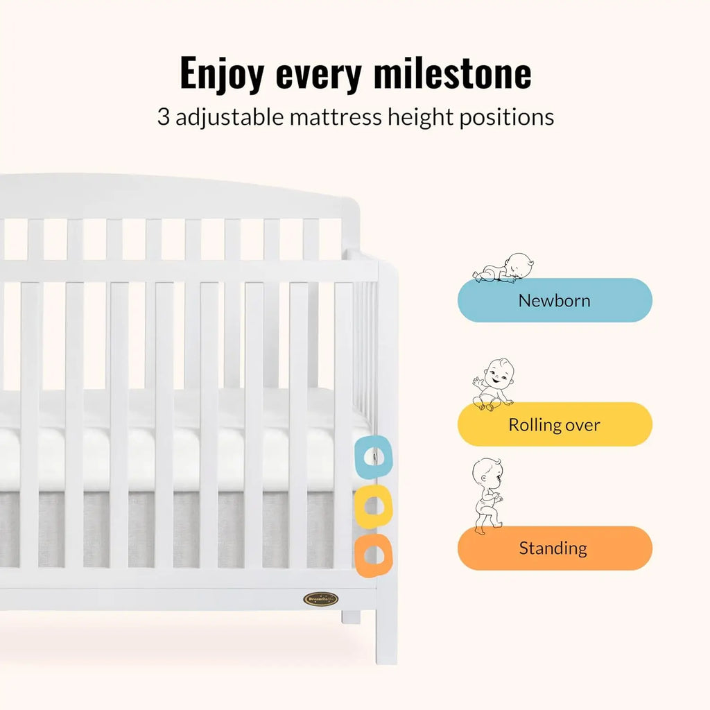 5-in-1 Convertible Full-Size Baby Crib in White, Converts to Toddler & Bed, Sustainable Pinewood, Adjustable Mattress