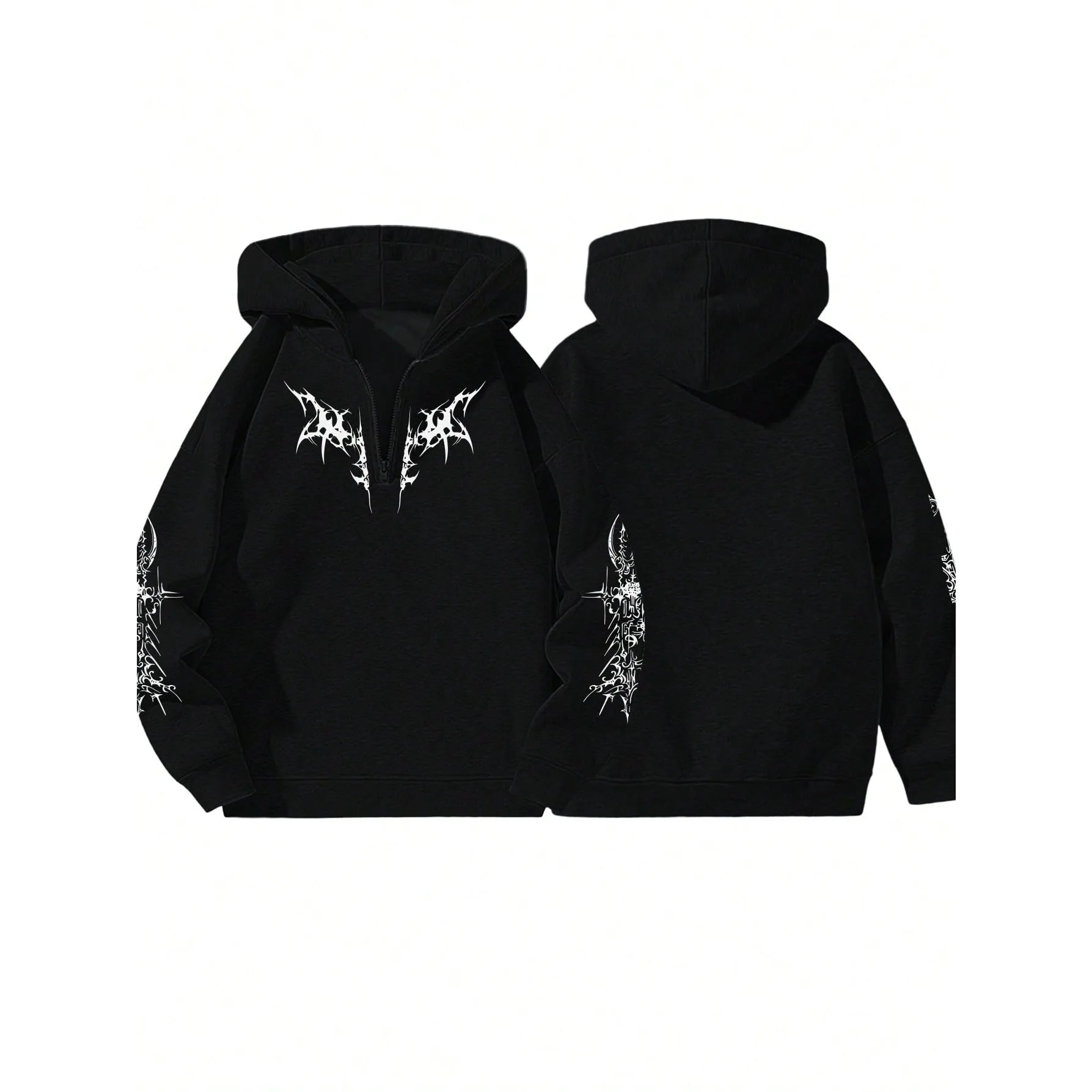 Gothic Black Quarter Zip Up Hoodie For Men Halloween Bat Print Hooded Pullover Jacket Street Hip Hop Style Fall Jackets Unisex