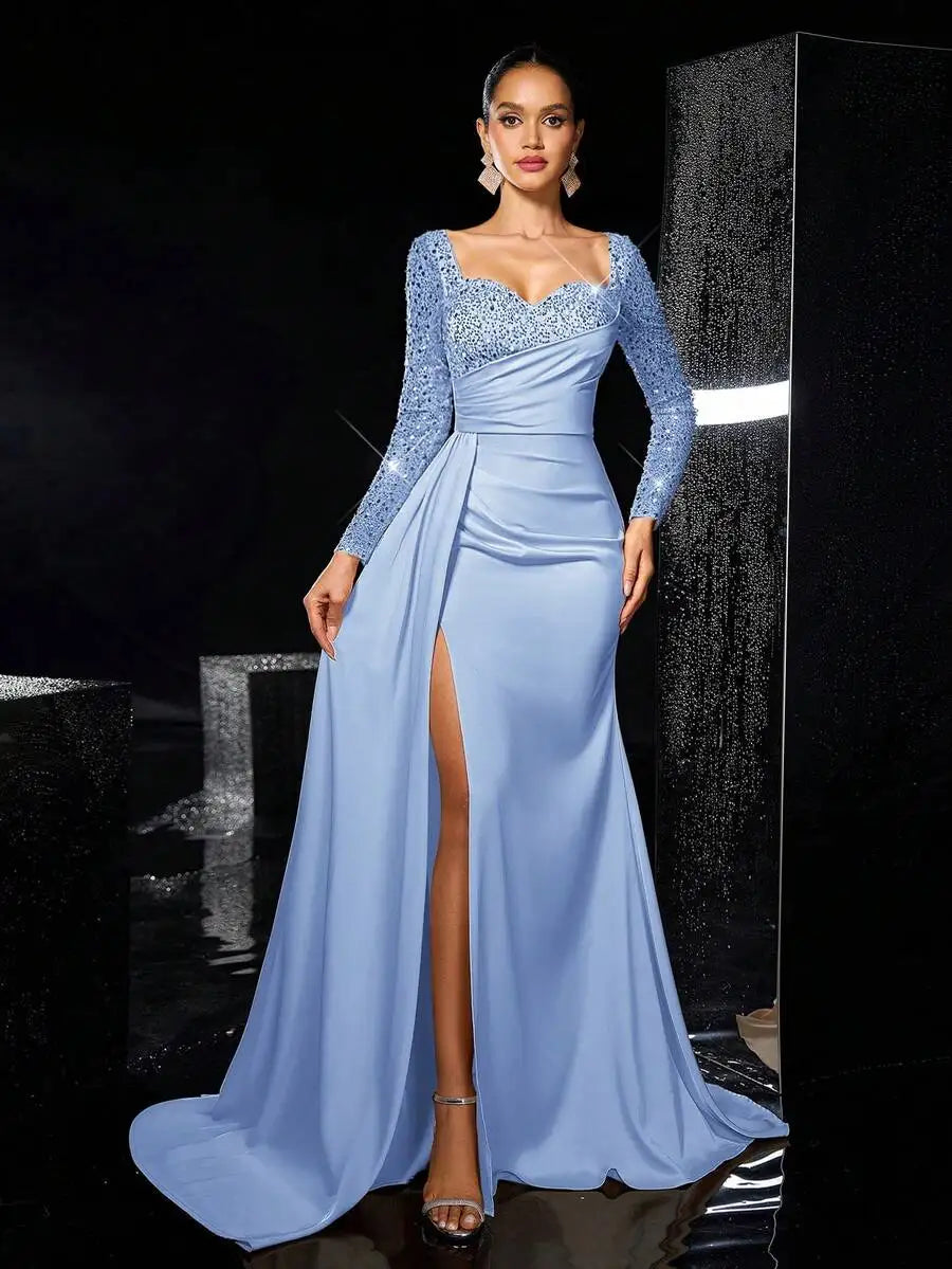 Elegant Long Sleeve Sequin Beaded Satin Mermaid Gown with Side Slit for Formal Events