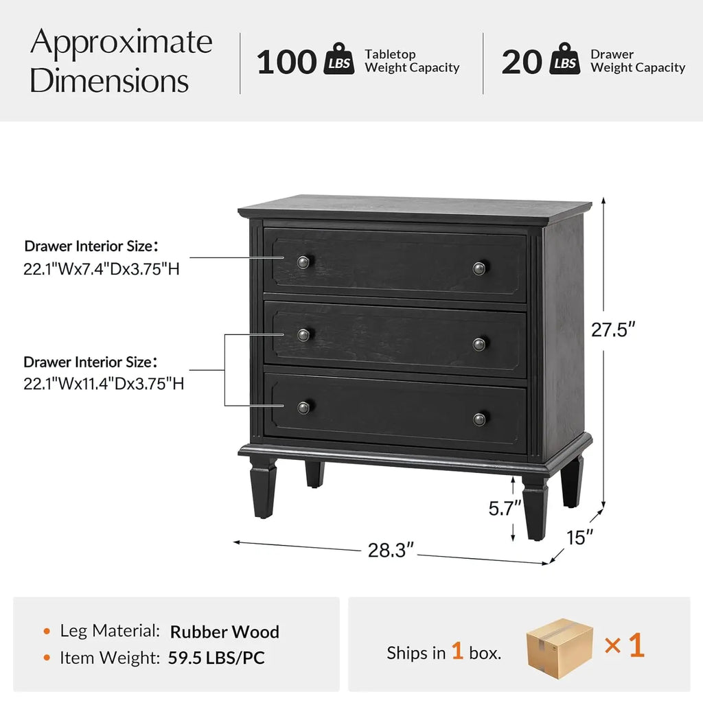 3 Drawer End Table with Charging Station Mid Century Modern Wooden Organizer with Wood Legs Black, Customized