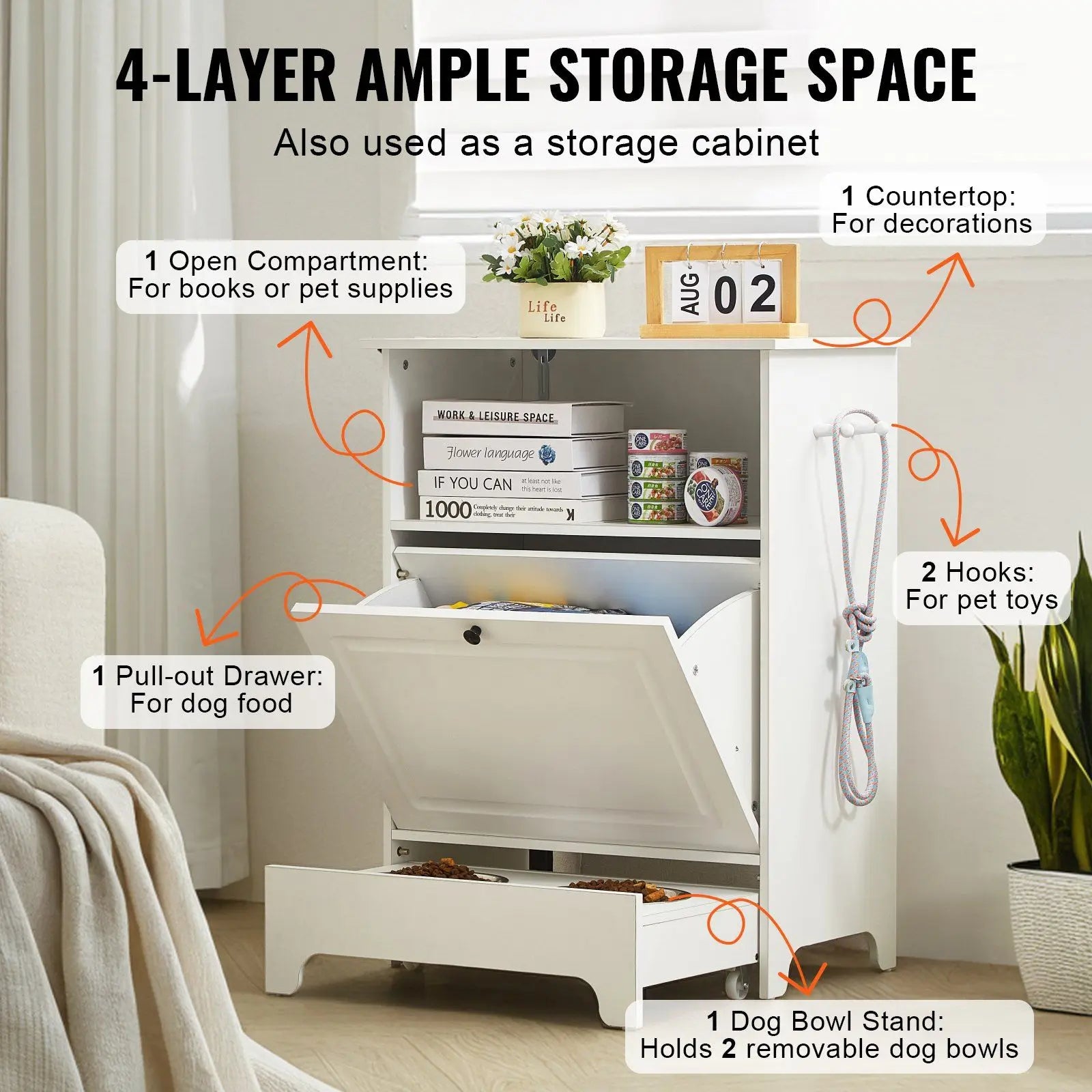 Spacious Elevated Pet Feeding Cabinet with 2 Bowls 4-Level Shelving Unit Integrated Slide-Out Tray Anti-Wobble Base