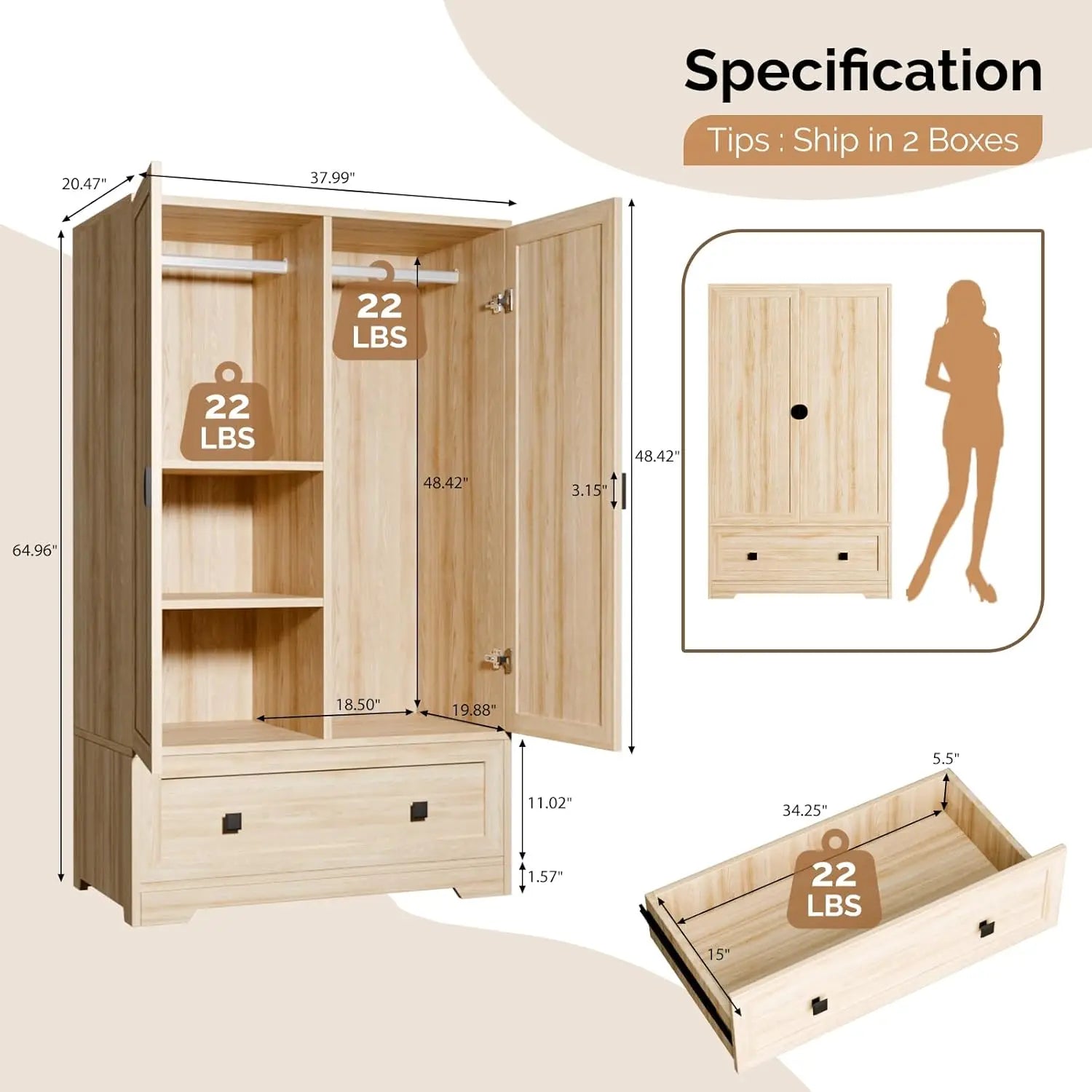 Armoire Wardrobe Closet With Doors, Hanging Rod, Shelves and Drawer - Freestanding Cabinet for Bedroom, Dorm - Oak,, Customized
