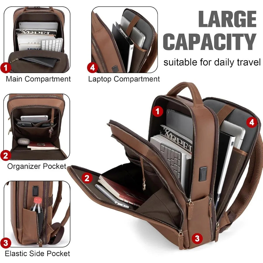 Tzowla Leather Laptop Backpack Bag for Men and Women Business Travel Work Rucksack Fits 15.6 Inch Laptop Bookbag with USB and T