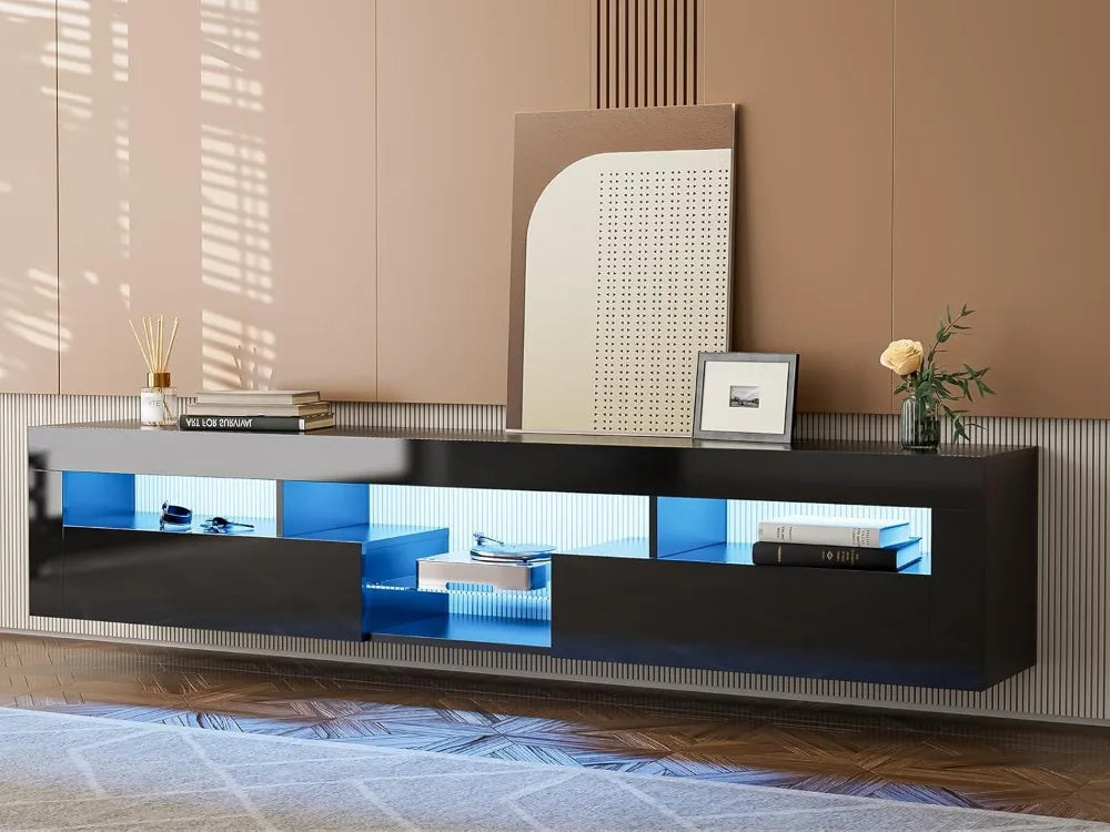 Floating TV Stand for 85 Inch TV, Wall Mounted with Cabinets, Black High Glossy Entertainment Center for Living Room