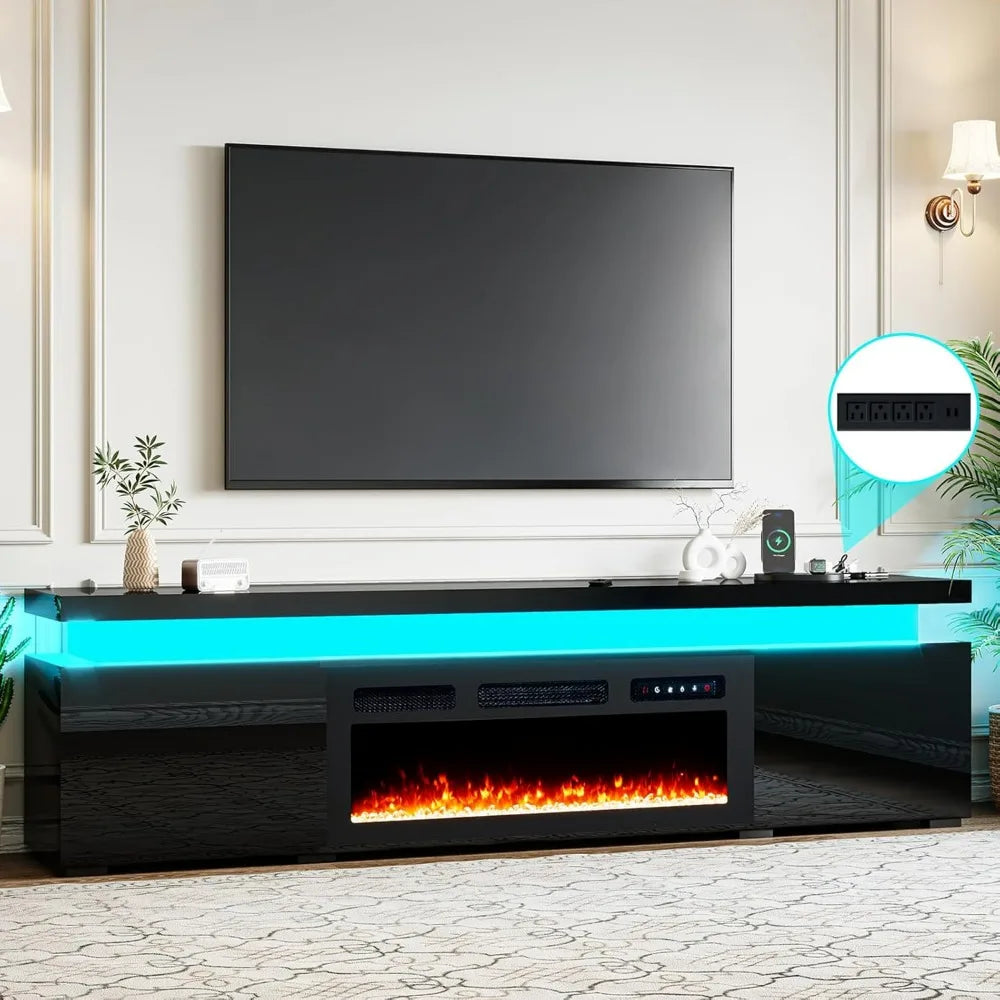 85’’ Fireplace TV Stand for 90 Inch TVs, Modern Entertainment Centers with LED Lights, High Gloss TV Console with 40’’ Electric