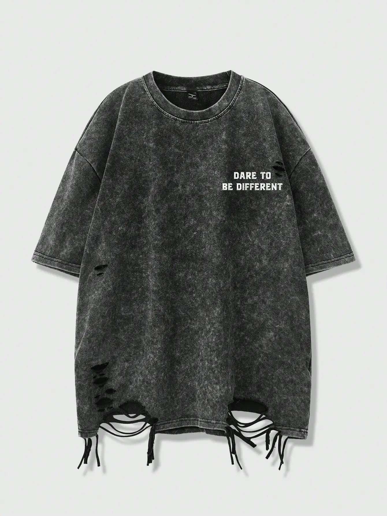 Distressed Black Oversized T-Shirt with 'Dare to Be Different' Print, Loose Fit Casual Streetwear