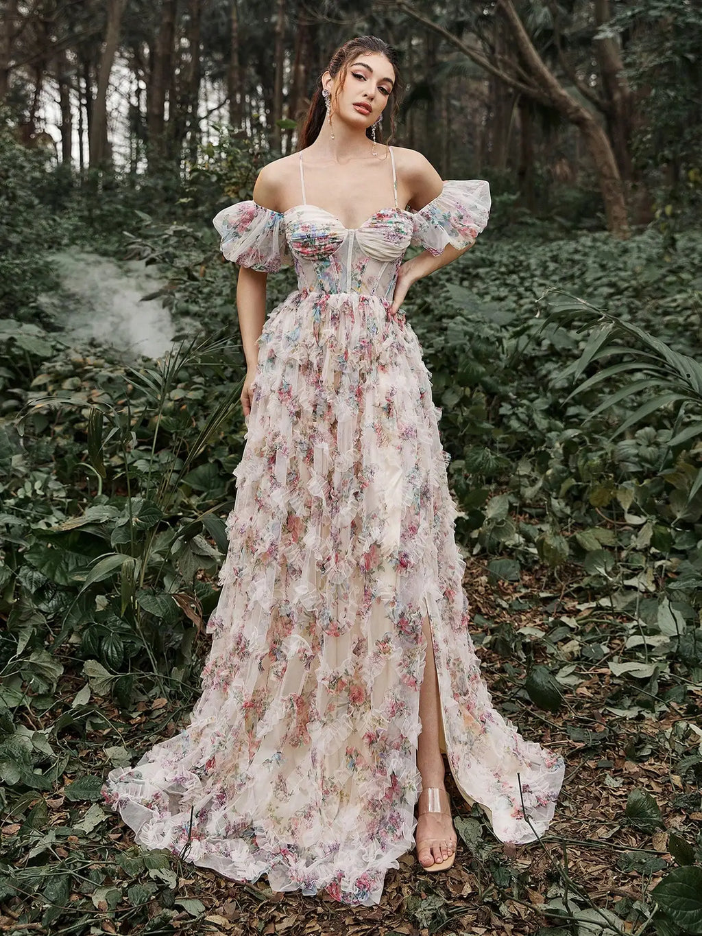 Off Shoulder Floral Ruffle Maxi Dress with High Slit for Summer Events and Formal Occasions