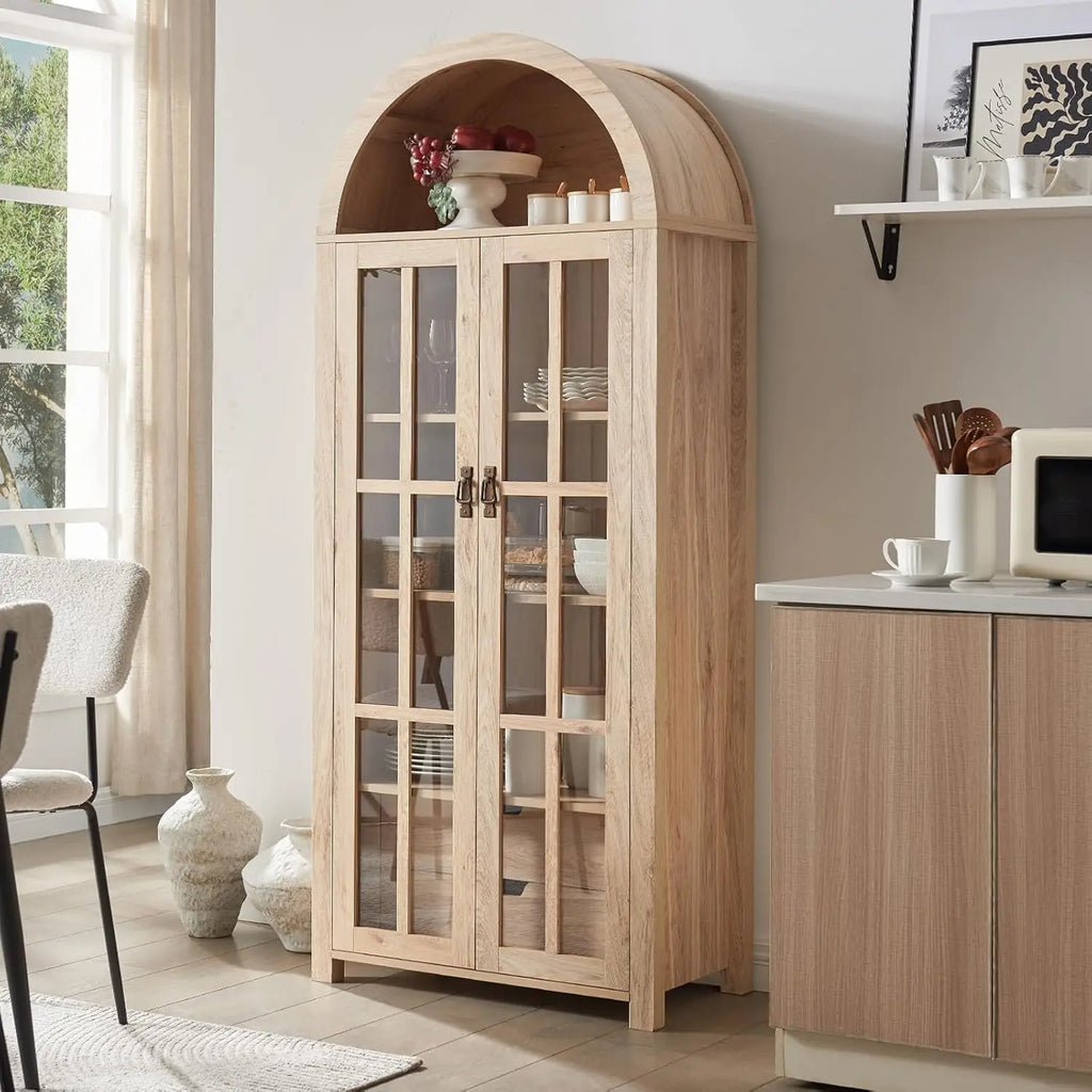 Customized. 71" Tall Arched Kitchen Pantry with Glass Doors, 5 Tier Modern Bookshelf with 2 Drawers, Wooden Storage Cabinet with