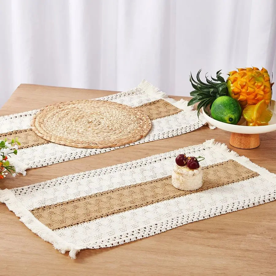 Boho Placemats Set of 13 PCS Handmade Grass Woven Meal Mats and Natural Cotton Linen Burlap, with 1 Macrame Burlap Table Runner