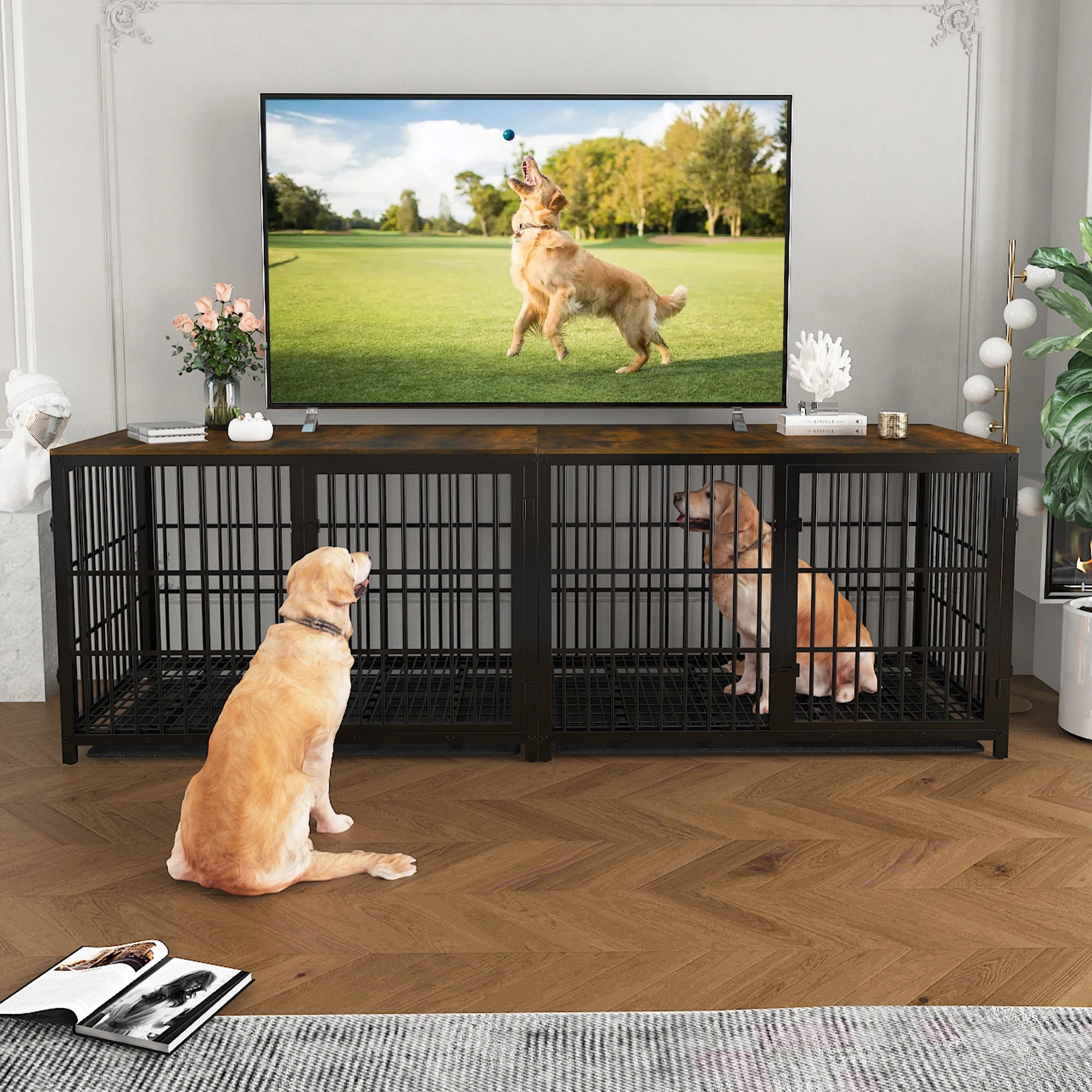 Furniture Style Dog Cage Extra Large Wooden Pet Kennel End Side Table with Tray and 3 Doors for Medium to Large Dogs