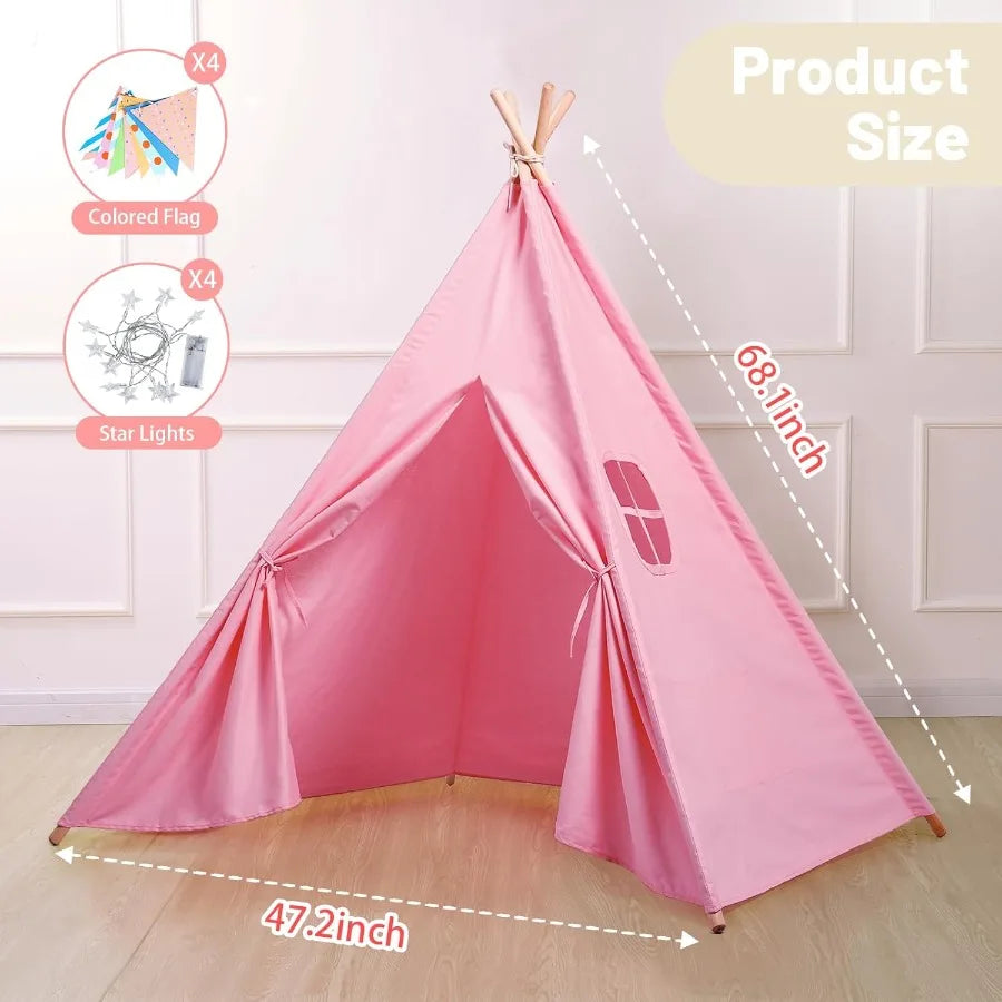 4 Pack Pink Foldable Teepee Tent for Indoor Play Sleepover Tent with Star Lights Portable Toddler Slumber Party Tent Gift