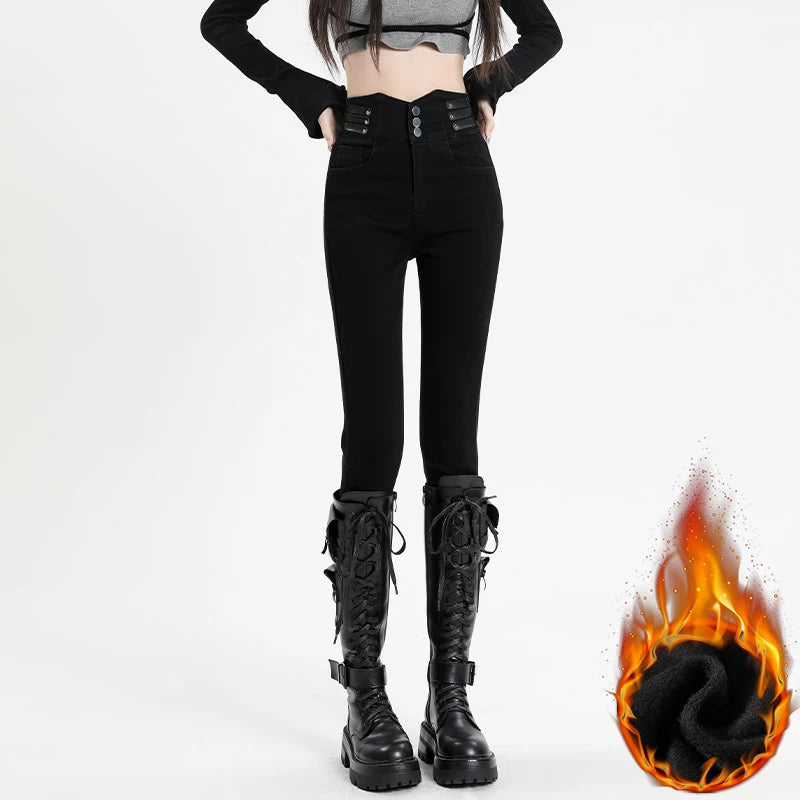 Winter Warm Jeans Women's Fleece Thickened Stretch Skinny Pencil Pants High Waist Slim Fashion Korean velvet Jeans Black Blue