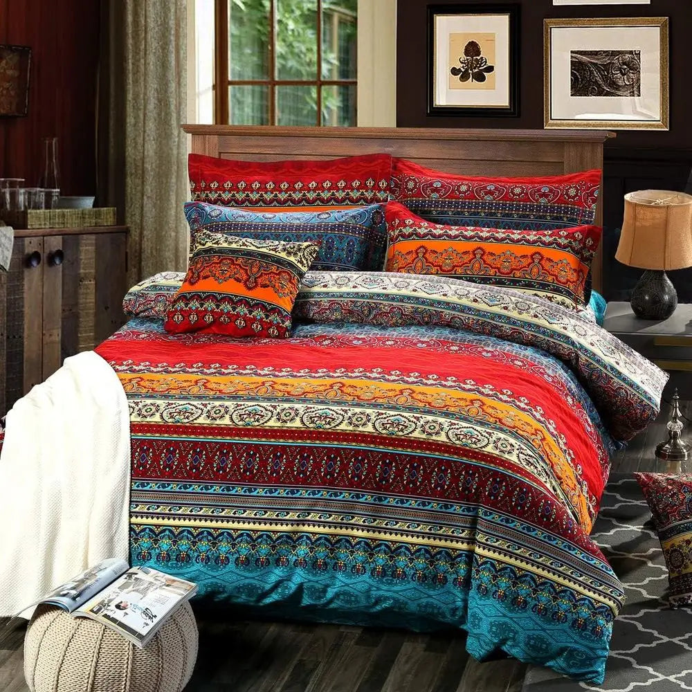 Full Size Bohemian Striped Duvet Cover Set, Brushed Cotton Boho Bedding, No Comforter Included, Fitted Sheet Included