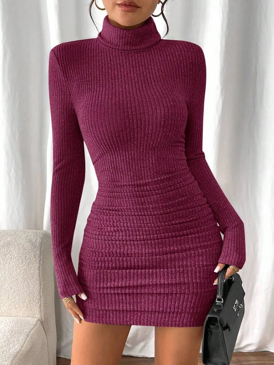Women's Ribbed Knit Turtleneck Long Sleeve Bodycon Mini Dress