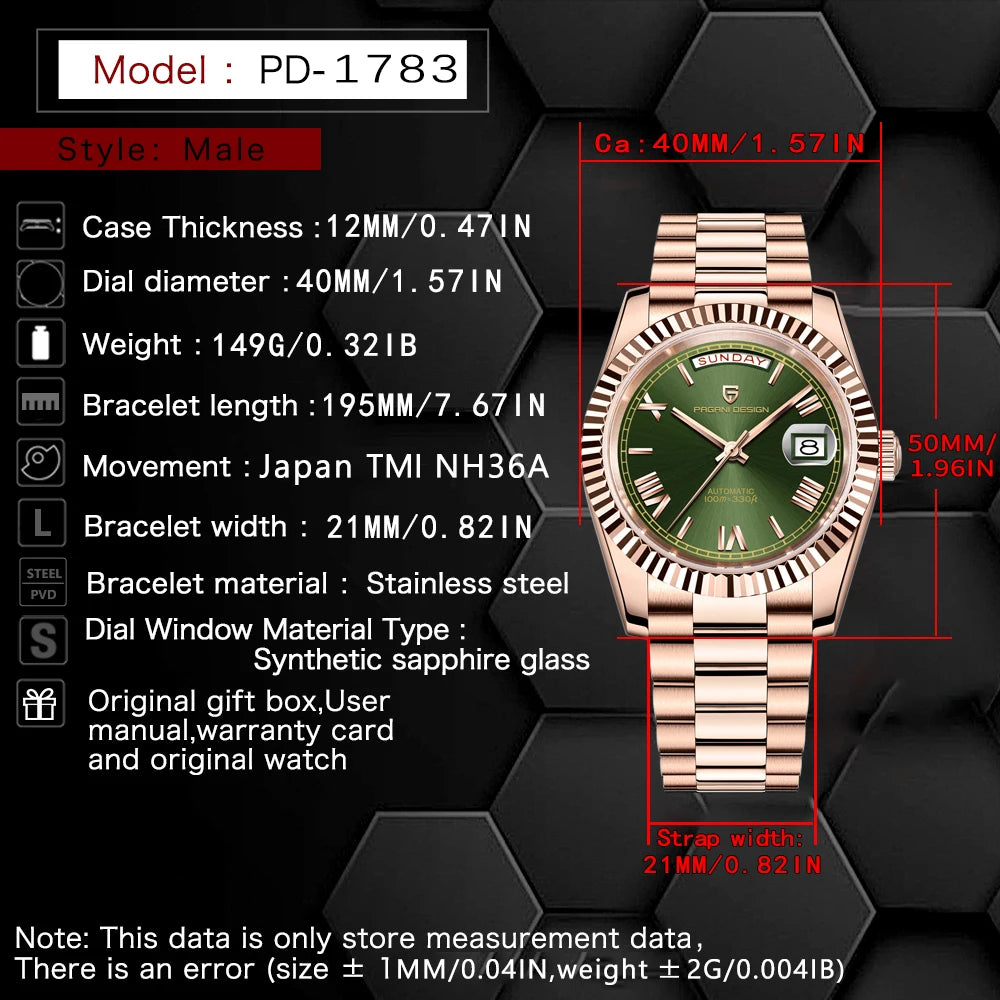 PAGANI DESIGN DD40 Men's Watches 2026 Top Luxury Rose Gold Watch For Men Automatic Mechanical Wristwatches Waterproof Gift Clock