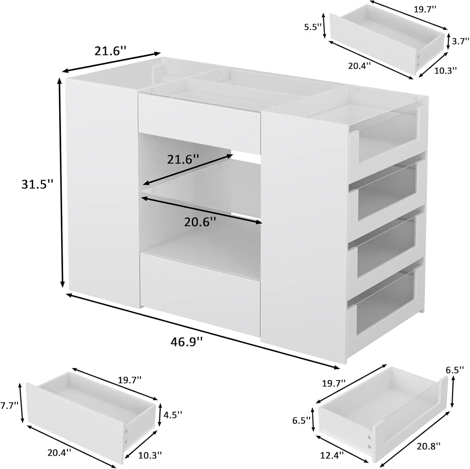 Closet Island with Drawers, White Wardrobe Armoire, 12 Drawers, Glass Top