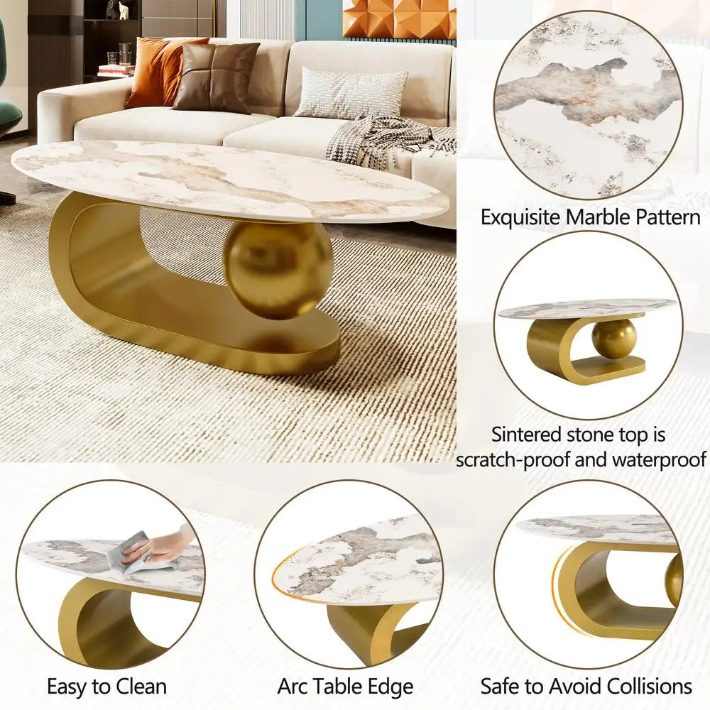 Modern Oval Sintered Stone Coffee Table White Marble Pattern with Gold Stainless Steel Base 47.2 Inch Living Room Furniture