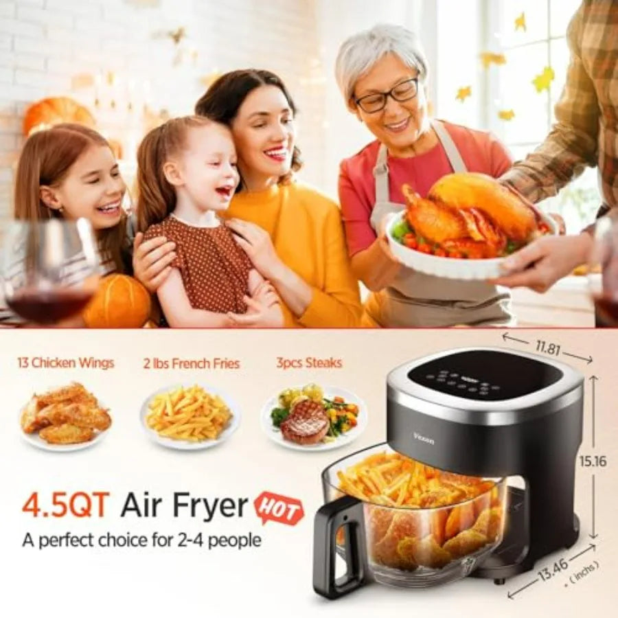 4.5QT Glass Air Fryer with Viewing Glass Pot for Air Frying Roasting Reheating Dehydrating Nonstick Dishwasher Safe Basket 97 L