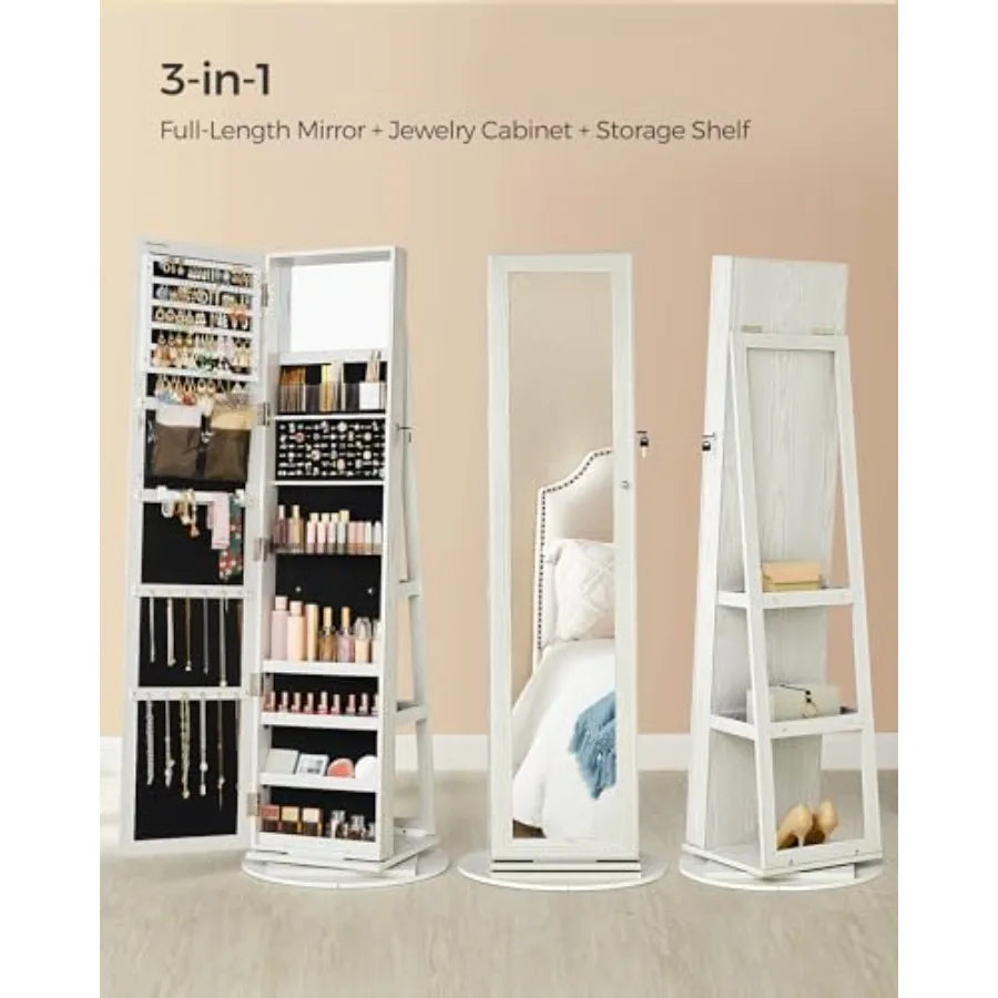 360° Swivel Jewelry Cabinet Lockable Jewelry Organizer with Full-Length Mirror Rear Storage Shelves Interior Mirror Jewelry Arm