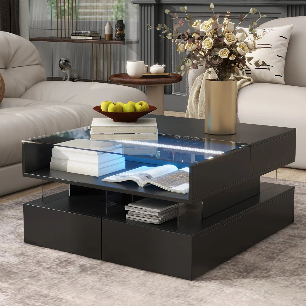 Lift-Top Coffee Table with 2 Drawers, Modern Square Coffee Table with Glass Top for Living Room