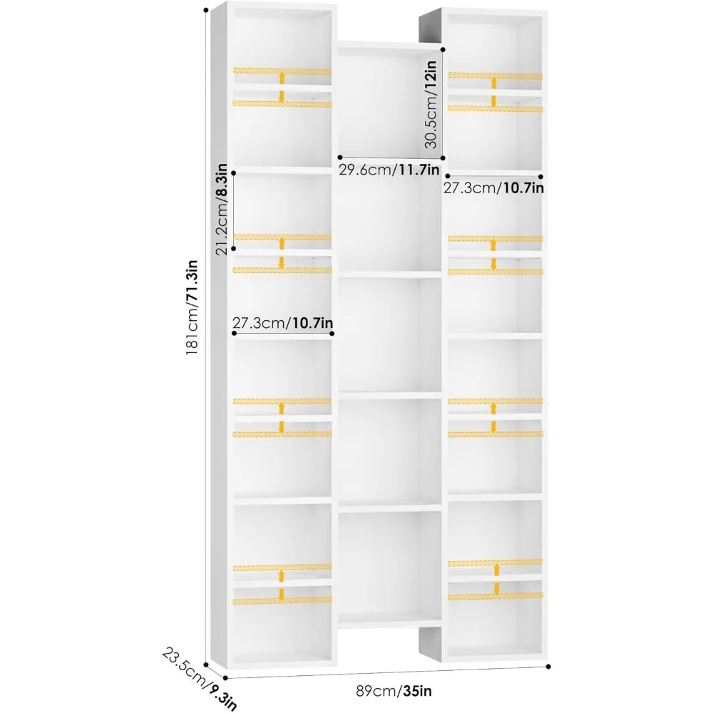 Triple Wide White Bookshelf with 8 Adjustable Shelves, Media CD DVD Storage Tower, Display Cabinet for Home Office