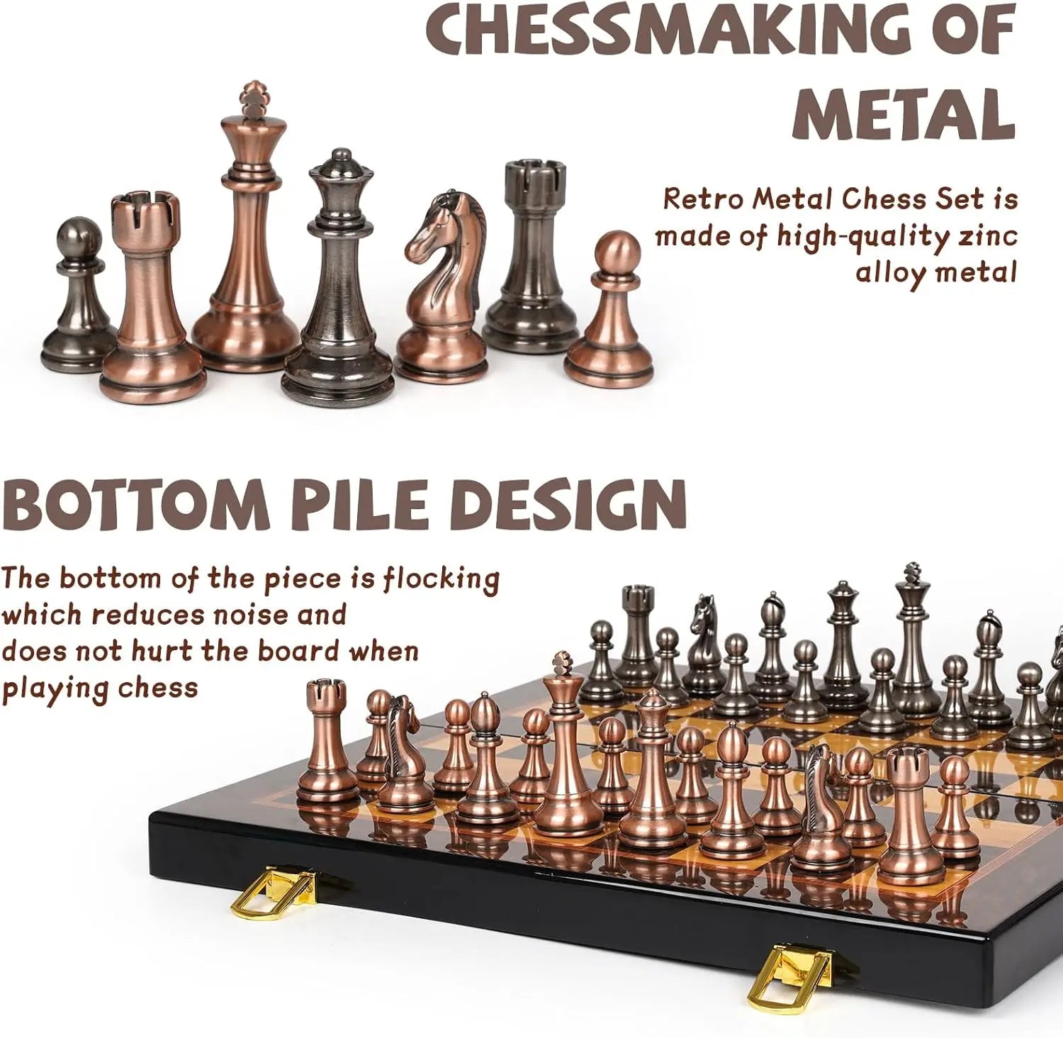 Luxury Metal Chess Set with 15' Wooden Board | Weighted Pieces | 2 Extra Queens | Tournament Style for Adults