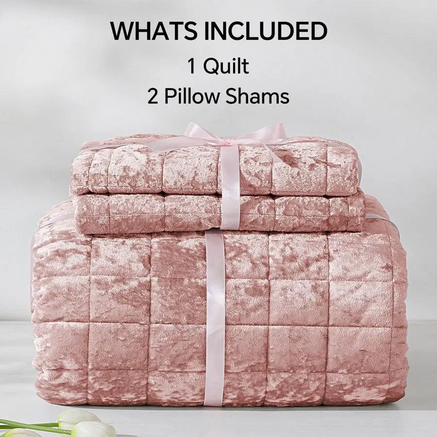 Velvet Quilt Set King Size Luxury Velvet Comforter Bedding Set 3 Pieces, Soft Cozy Dusty Pink Oversized Bedspread Coverlet Valen