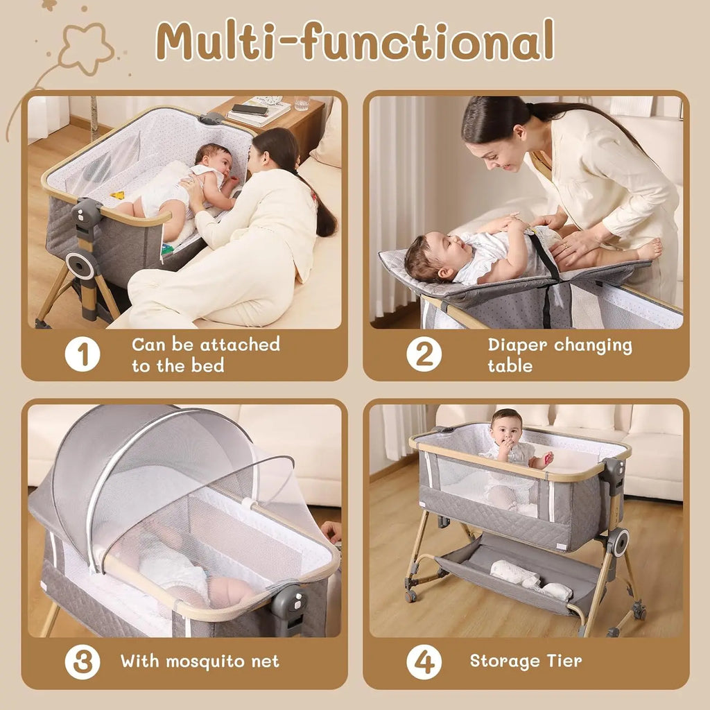 5-in-1 Baby Bassinet with Diaper Table, Mosquito Net, Mattress & Storage - Easy Fold Travel Crib