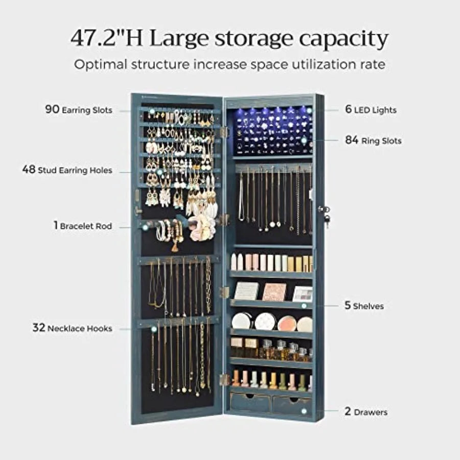 6 LEDs Jewelry Cabinet christmas gifts for women Lockable 47.3" H Wall/Door Mounted Jewelry Armoire Organizer with Mirror 2 Dra