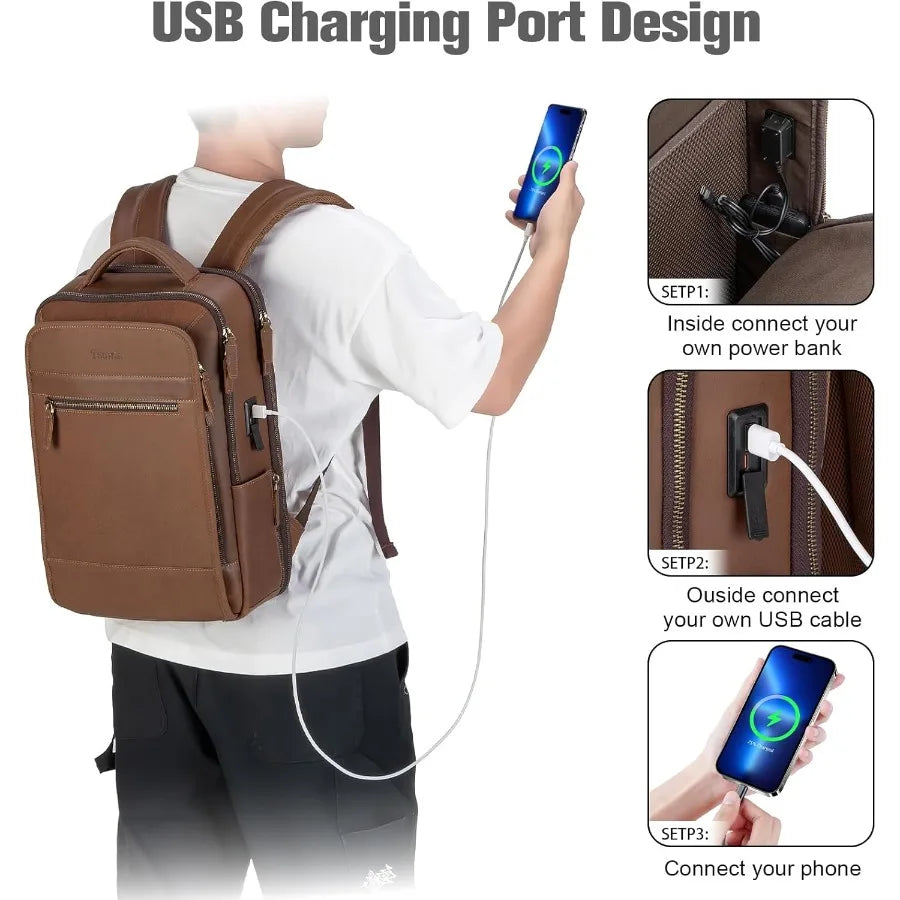 Tzowla Leather Laptop Backpack Bag for Men and Women Business Travel Work Rucksack Fits 15.6 Inch Laptop Bookbag with USB and T