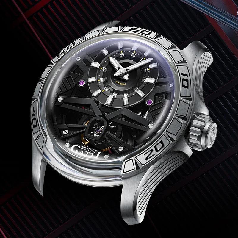 BONEST GATTI men's watch Valentine's Day gift for your boyfriend: Men's automatic skeleton watch Luminous watch