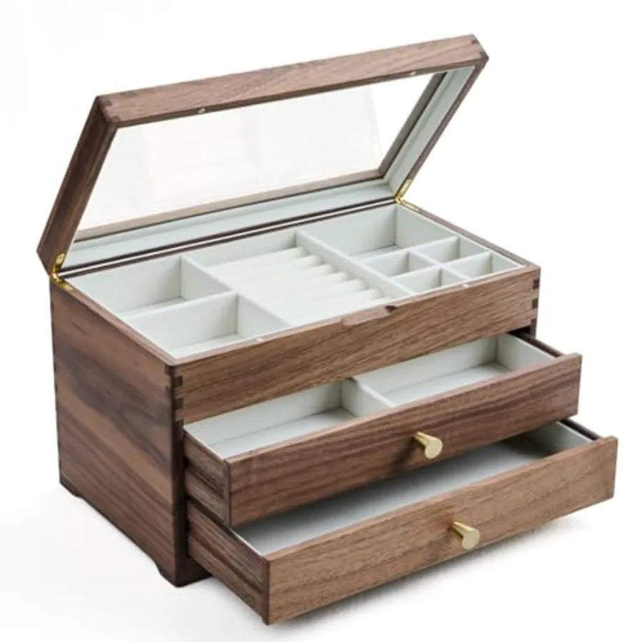 Black Walnut Wooden Jewelry Box - Allwood Handcrafted Glass Lid 2 drawer. Gift for Women Men and Girls. large Jewelry Organizer