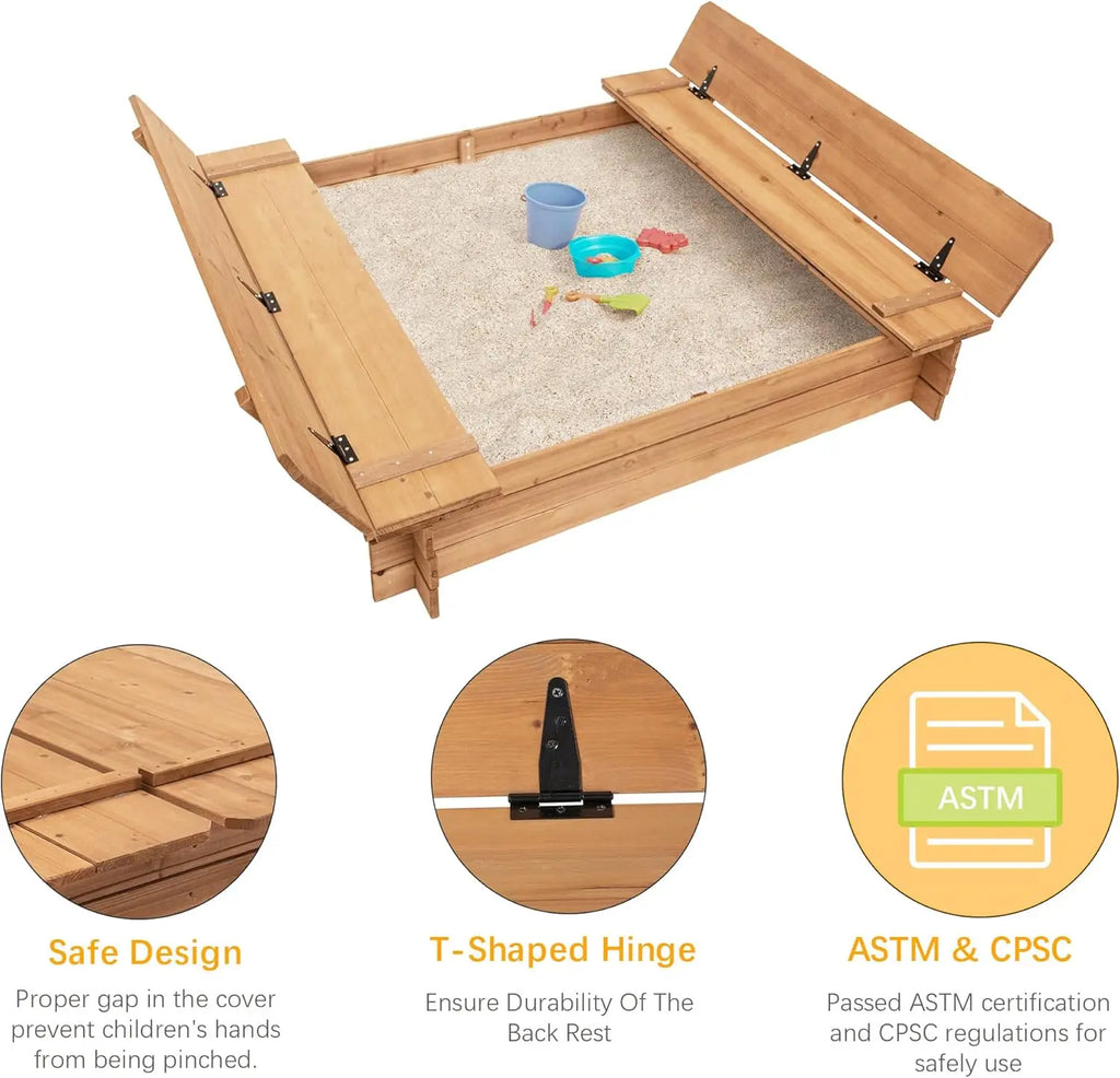 Wood Sandbox with 2 Bench Seats, Sand Boxes with Lid for Kids, Sand Pit with Cover for Outdoor Backyard Patio, 48 Inch