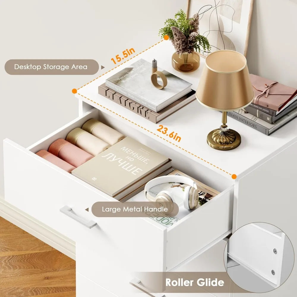 Modern Tall White Dresser with 5 Drawers, Metal Handles, Suitable for Living Room