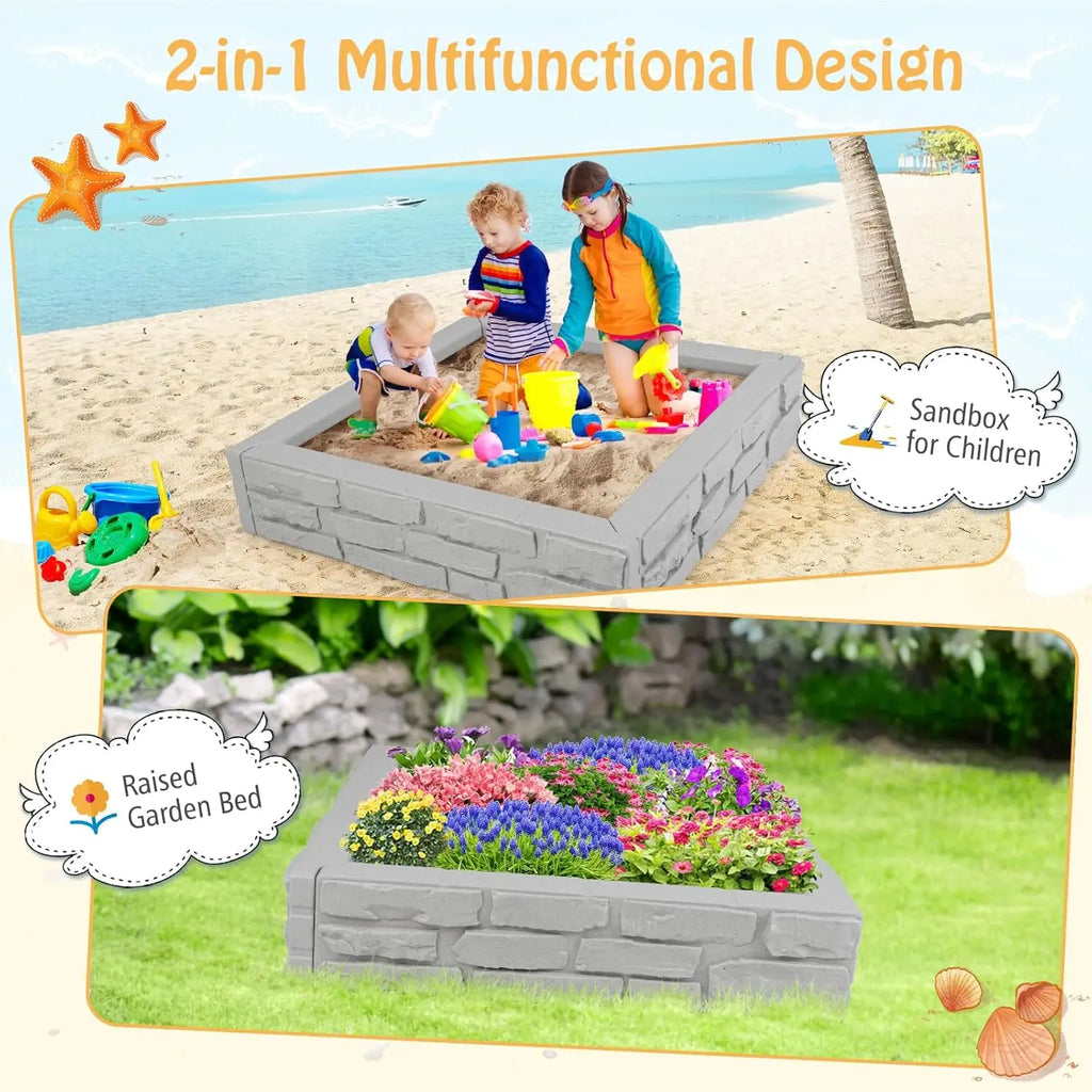 Sandbox with Cover, 47x47 Inch Square Sand Pit for Backyard, Bottom Drainage Oxford Liner, Playful All Weather Resistant Sa