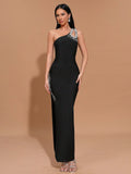 Black One-Shoulder Rhinestone Bodycon Maxi Dress with High Slit for Formal Evening Prom Wedding