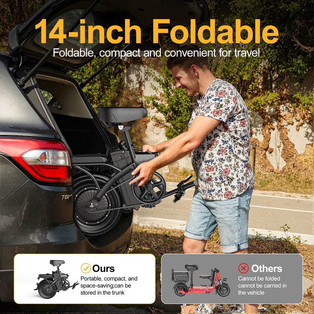 400W Peak Motor 14" Folding Electric Motorcycles Mountain E Bike For Adults, 19.5Mph 19Miles 48V 10.3AH Electric Bicycle Ebike