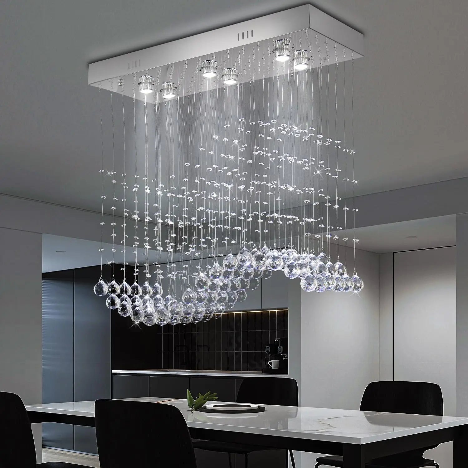 31.5'' Rectangular Linear Crystal Chandelier for Kitchen Island, 6-Light GU10 Hanging Pendant Light, Height Adjustable K9 Crysta