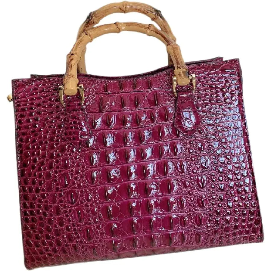 Pattern Leather Womens Bag Real Bamboo TopHandle Satchel Handbags Portable Tote Bag Shoulder Messenger Bags