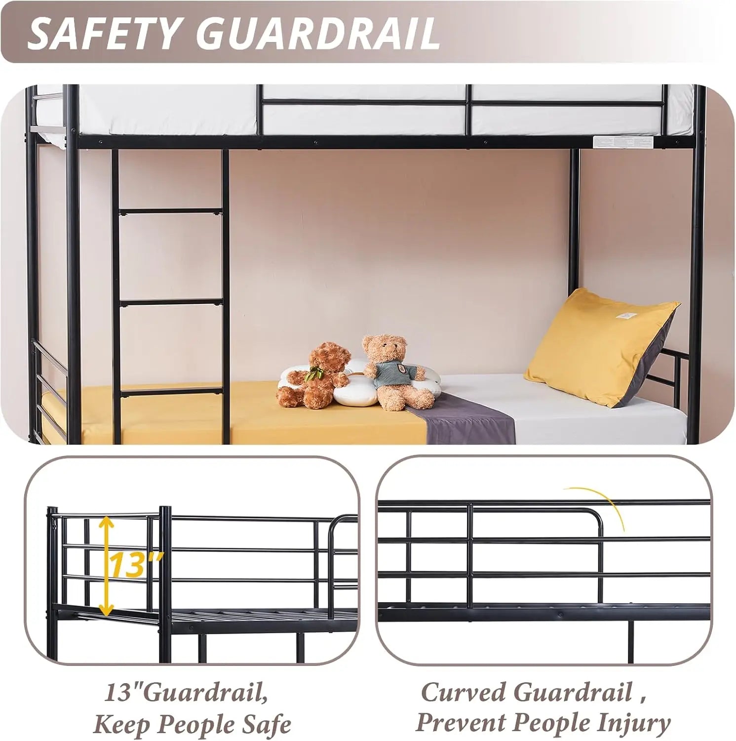 Black Twin Over Twin Bunk Bed with Ladder & Guardrail, Space-Saving Metal Bed for Kids, Teens, Adults